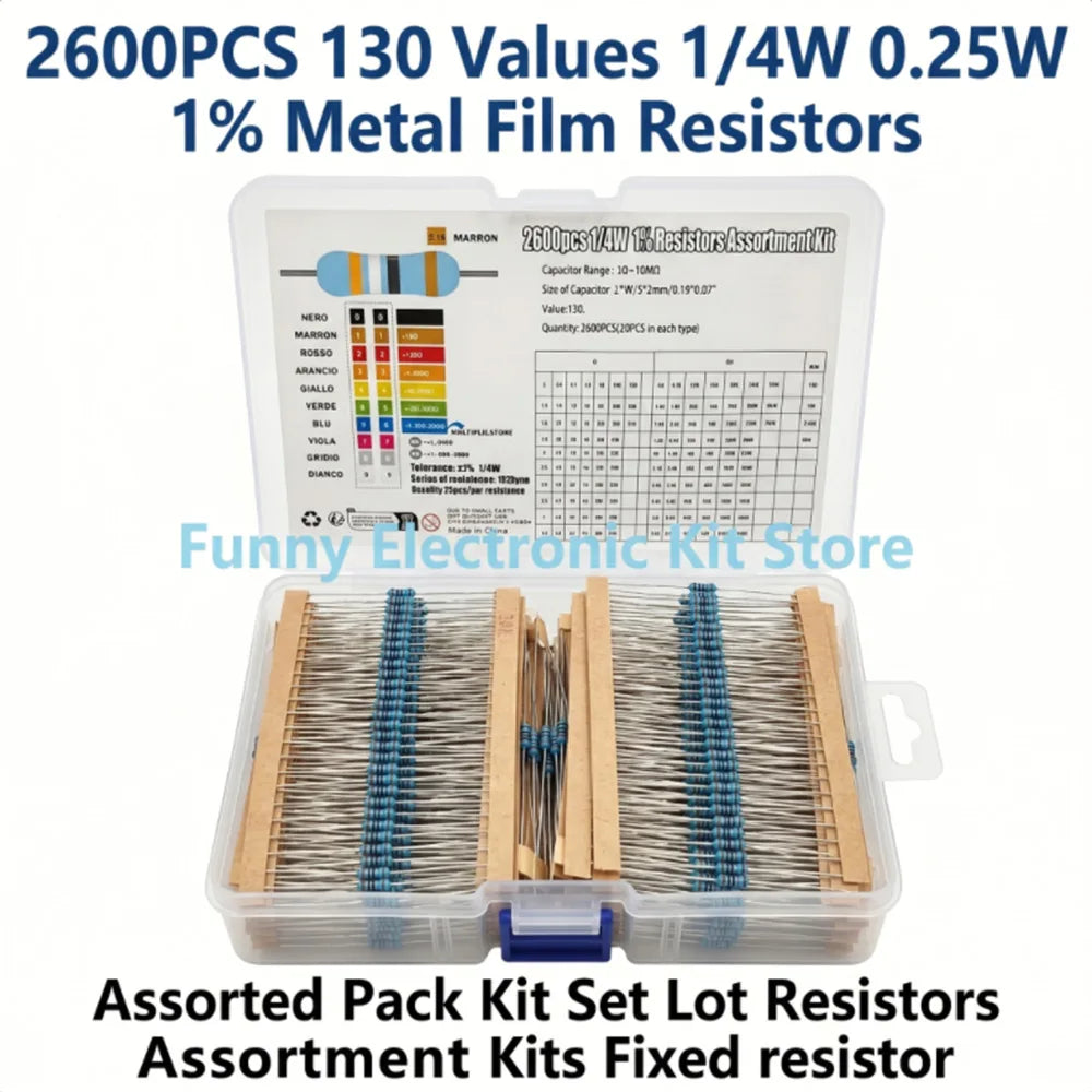 2600pcs/lot 130 Values 1/4W 0.25W 1% Metal Film Resistors As