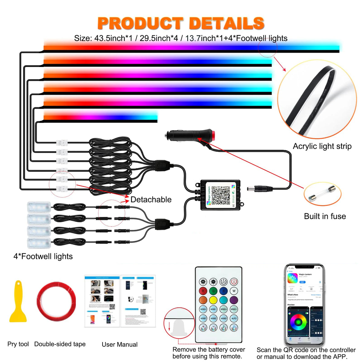 Universal Symphony Car Ambient Lights LED Interior RGB Streamer Atmosphere Lamp USB APP Control Remote for Tesla Model 3 Y S X
