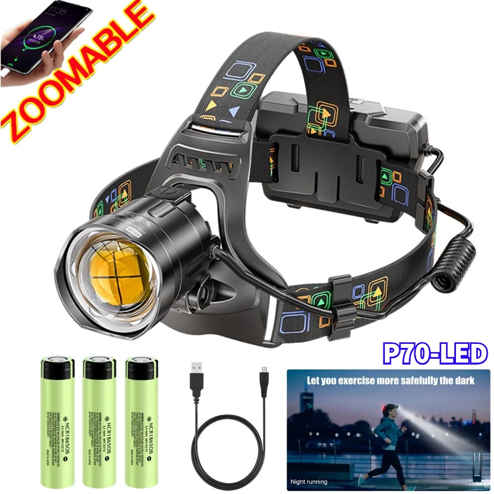 High Powerful XHP70/90 Led Headlamp USB Rechargeable Zoom He