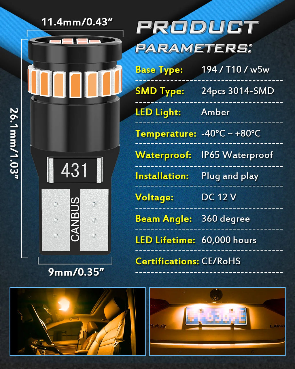 2pcs 360 Degree Lighting T10 W5W LED Bulbs Red Canbus 194 16