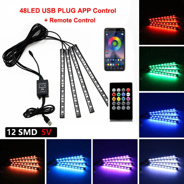 Neon LED Car Interior Ambient Foot Strip Light Kit Accessories Backlight Remote App Music Control Auto RGB Decorative Lamps