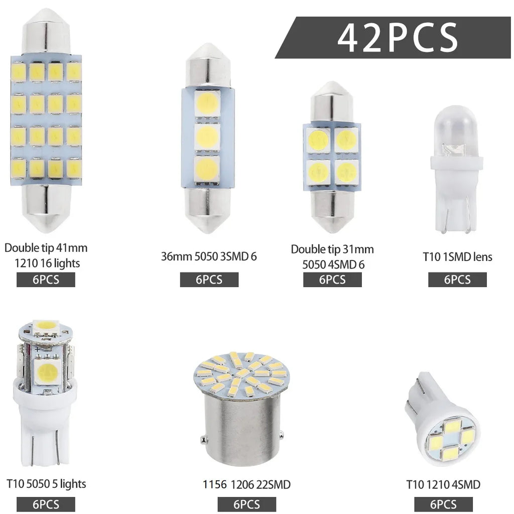 42Pcs LED Car Interior Lights T10 6000K SMD LED Replacement 