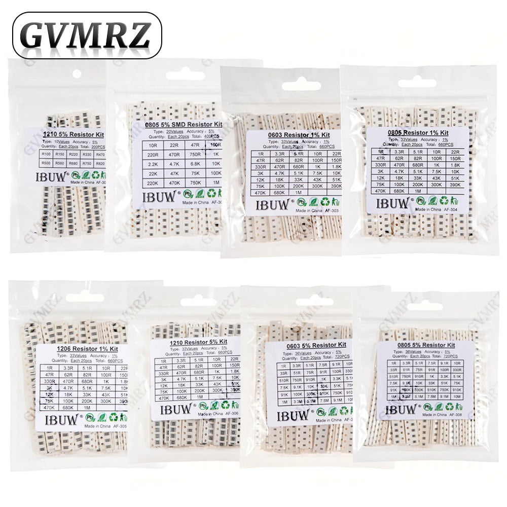 0201 0402 0603 0805 1206 1% 5% SMD Resistor Assorted Kit 1R-