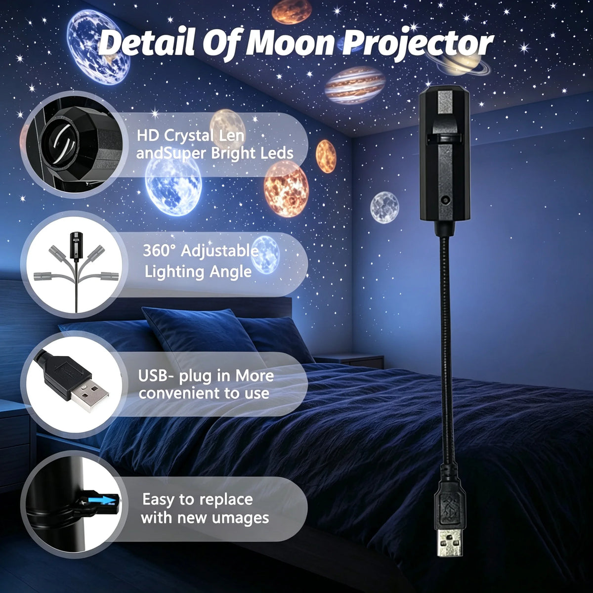 Galaxy Planet Projector Night Light USB Plug And Play HD Sta