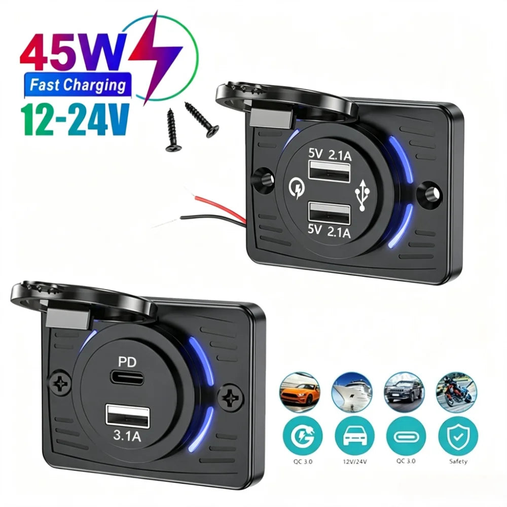 12V-24V PD+USB Car Charger Socket 45W Fast Charge Blue LED I