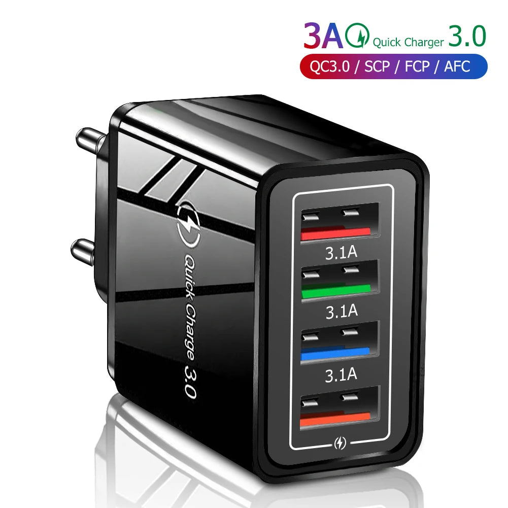 3A USB Charger 4 Port USB Quick Charge 3.0 EU US Plug Mobile