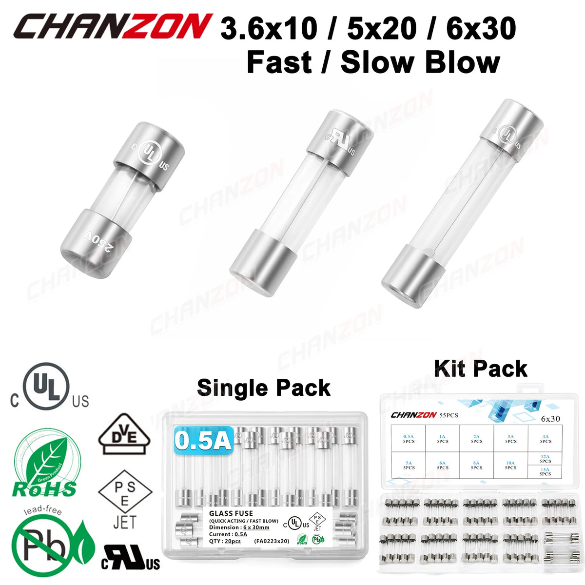 3.6x10 5x20 6x30 Fast Slow Blow Tube Glass Fuse Kit 0.5A 1A 