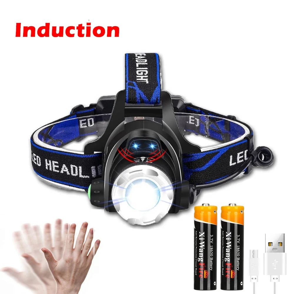 Super Brigh LED Induction Headlamp USB Rechargeable Headlight Aluminium Alloy Outdoor Waterproof Head Lamp High Lumen Head Torch