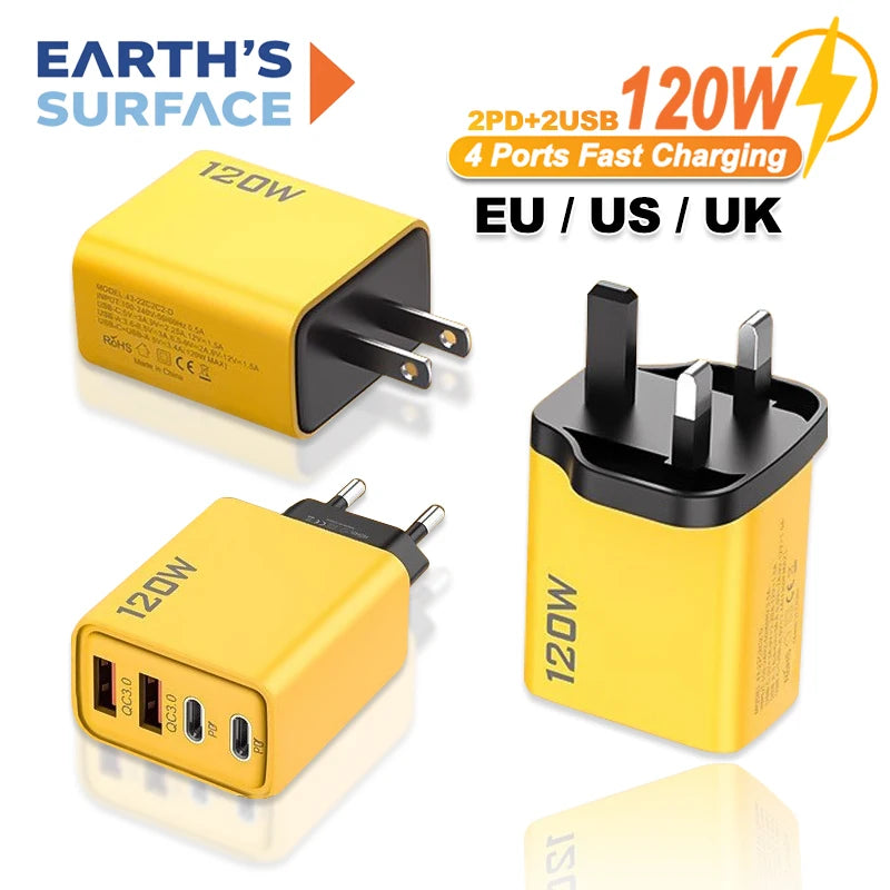 120W 4 Ports USB C Charger PD3.0 Fast Charging Type C Phone 
