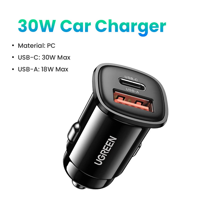 NEW-IN UGREEN USB Car Charger 30W Quick Charge 4.0 QC4.0 QC3.0 PD Type C Fast Car USB Charger For iPhone 17 Xiaomi Mobile Pho