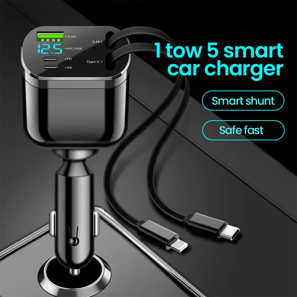 Elough 5 IN 1 Car Charger Retractable USB C to Lightning Cab