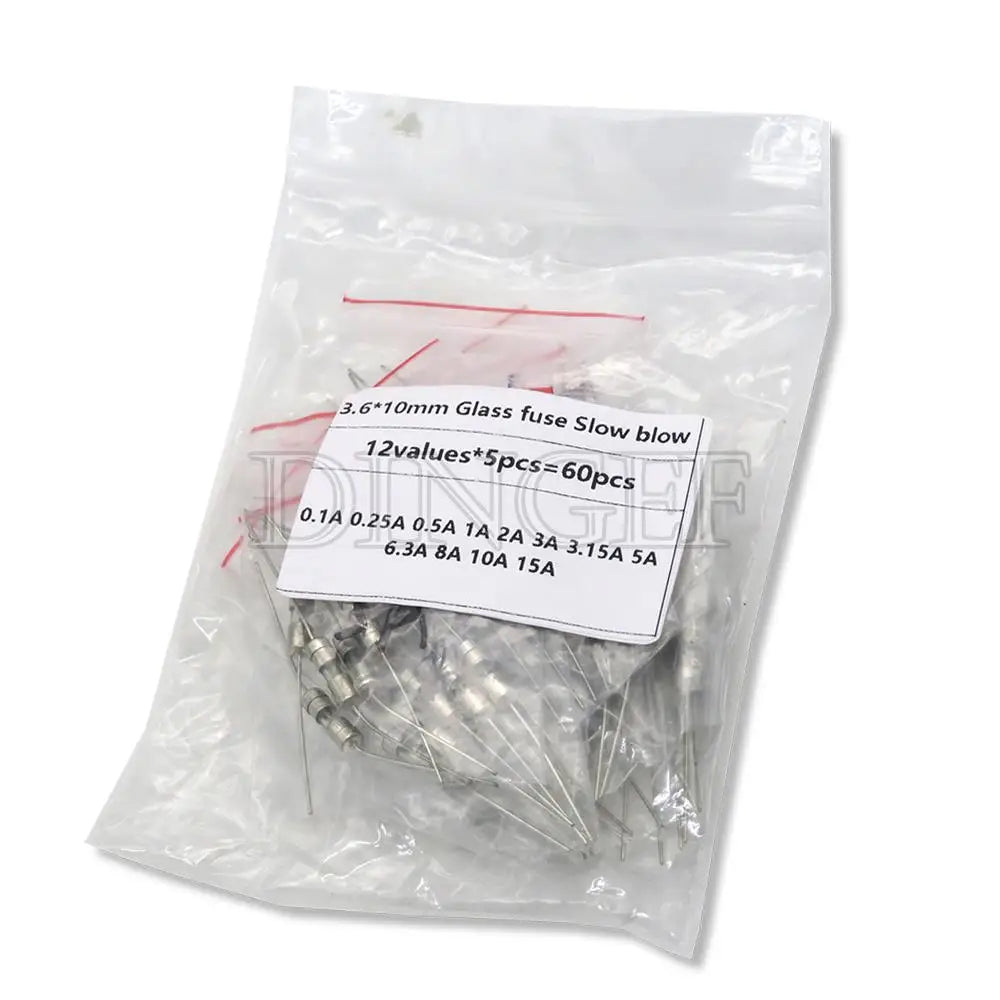 12values 5pcs 60pcs 3.6 10mm Glass fuse Slow blow 250V 3.6x1