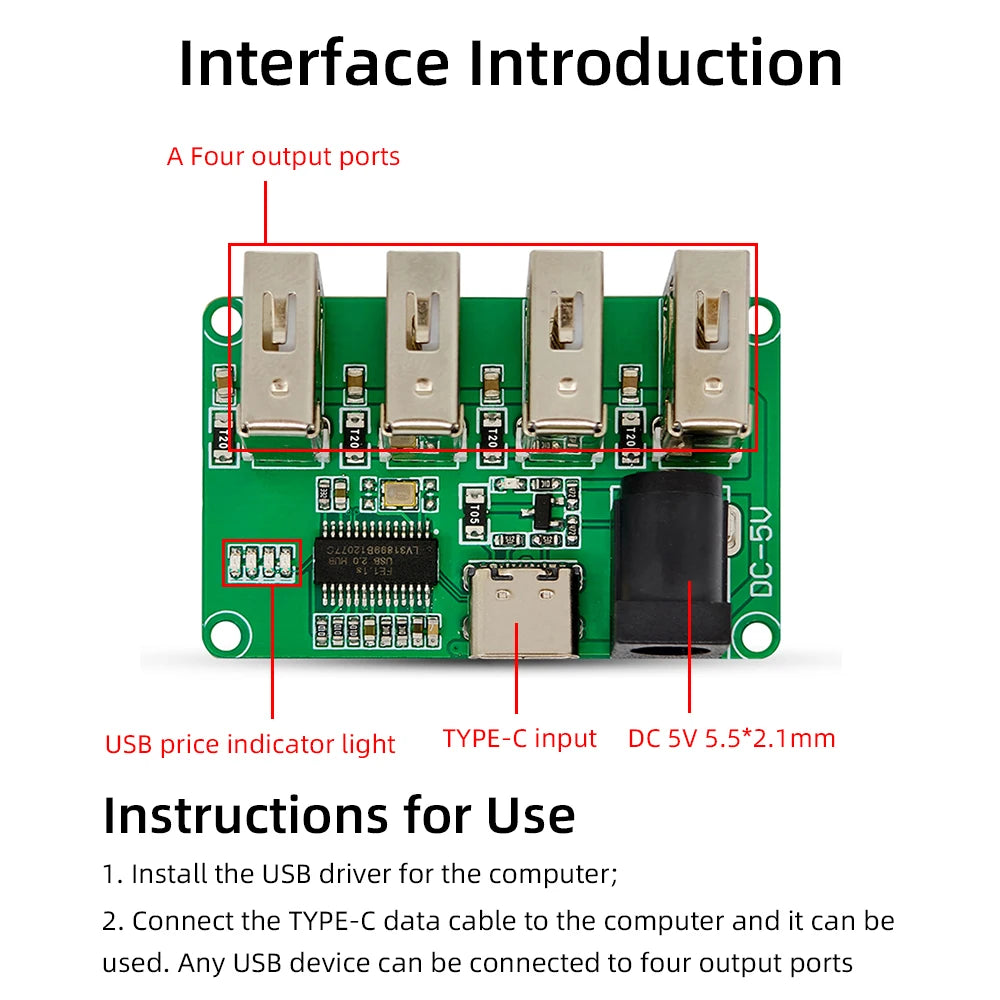 DC 5V 1 to 4 port PH2.0 Interface One To Four USB 2.0 Hub Mo