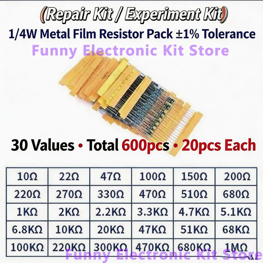 600 Pcs Assorted Metal Film Resistor Kit 30 Values 1/4W Resi
