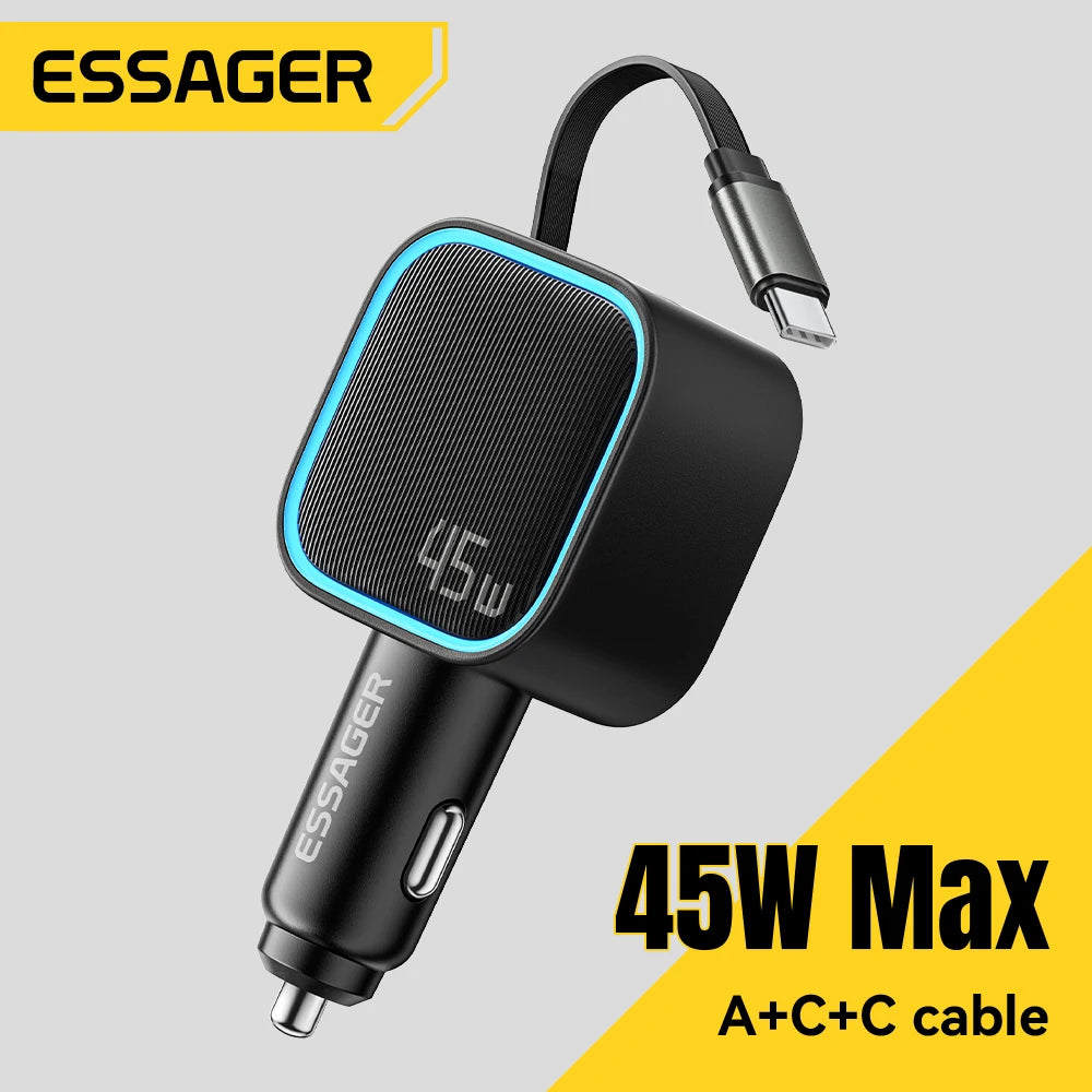 ESSAGER 45W Car Charger PD Fast Charging with Retractable 75
