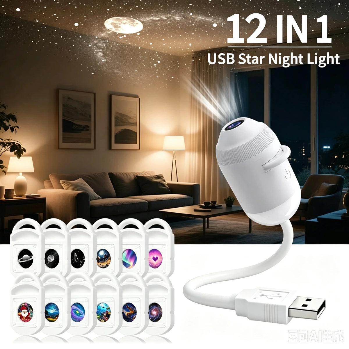 Galaxy Star Projector 2-in-1 Portable Lamp with 12 Slides 360 Adjustable Eye-Care LED Night Light for Bedroom Car Decor Gift