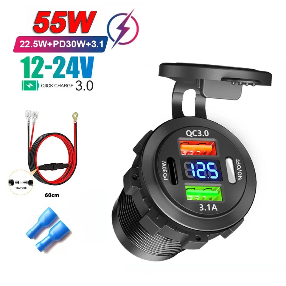 Car Charger PD+QC3.0 USB TYPE-C Charger Waterproof Power Socket Power Adapter Universal 12-24V for Motorcycle Truck ATV Boat