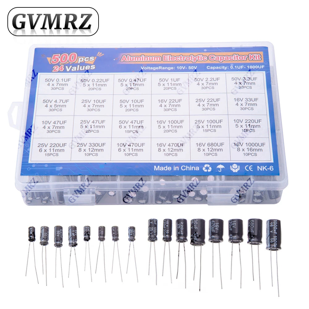500PCS/lot 0.1UF-1000UF 24Values Aluminum Electrolytic Capac