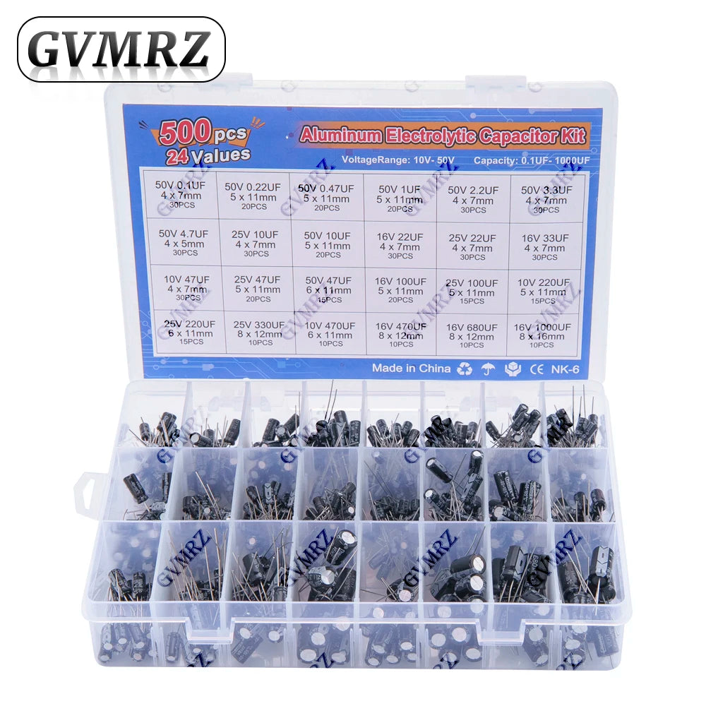 500PCS/lot 0.1UF-1000UF 24Values Aluminum Electrolytic Capac