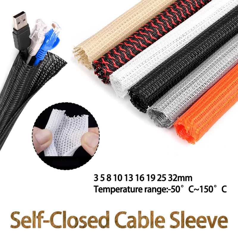 3/8meters PET Braided Cable Sleeve 3mm 32mm Self-Closed Shea