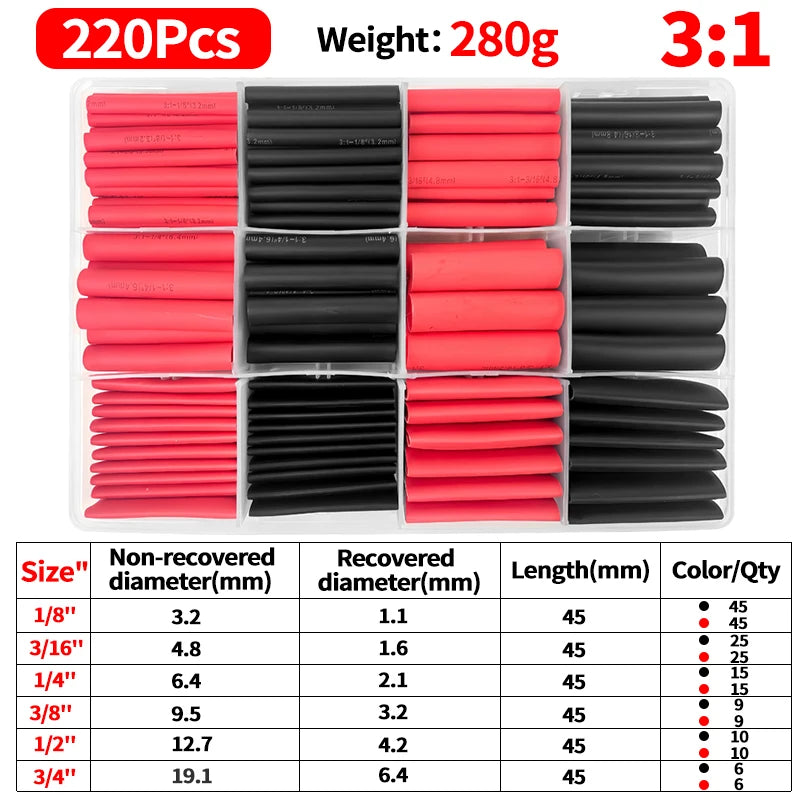 3 1 Waterproof Adhesive Heat Shrink Tube Kit 180 220 270 500PCS Wire Cable Repair Insulation Sleeve Polyolefin Tubing Set