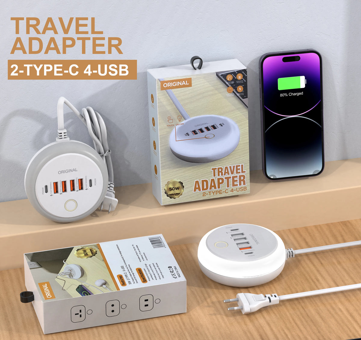 50W PD Charger 6 Ports Type-C Fast Charging Power Strip Wall