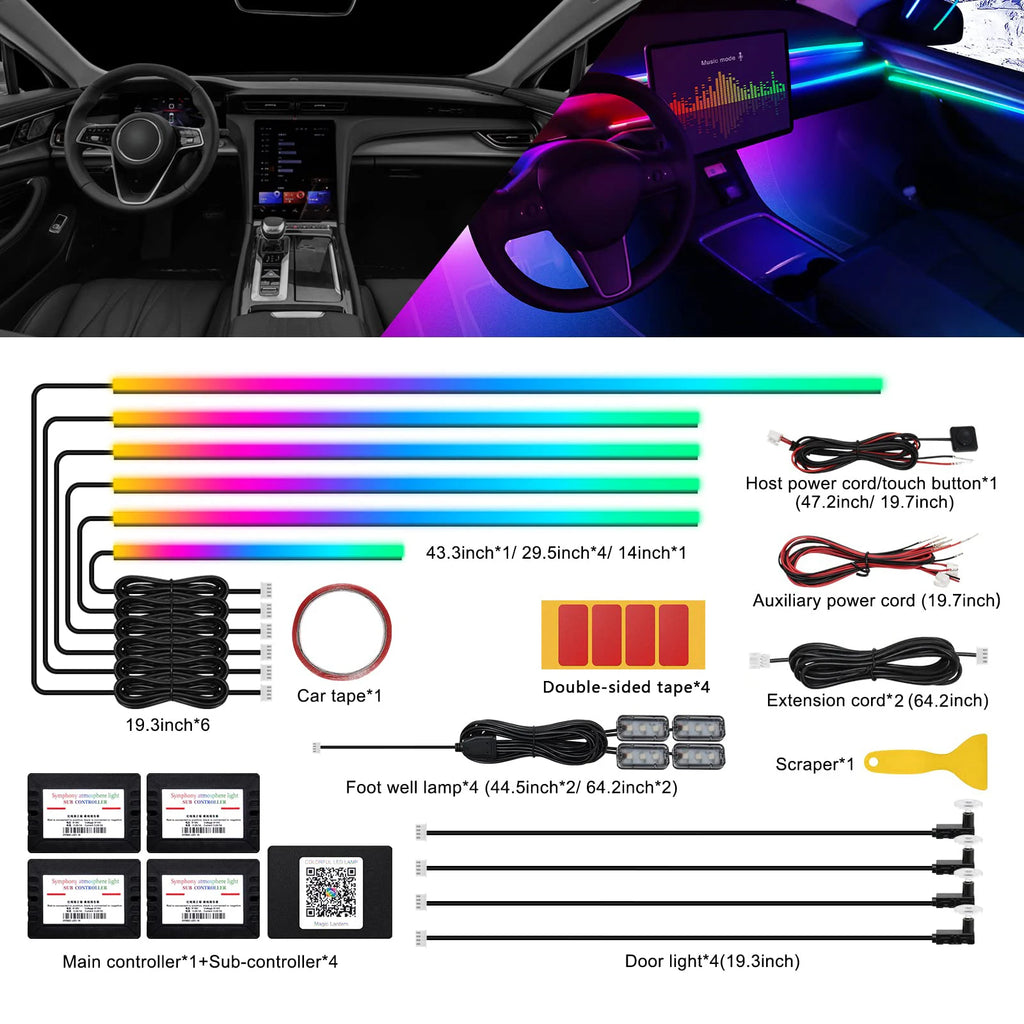 10/14/18 in 1 Led Car Ambient Lights 213 64 Color RGB Symphony Streamer Bluetooth Rainbow Acrylic Strips Atmosphere Lamp Kit 12V