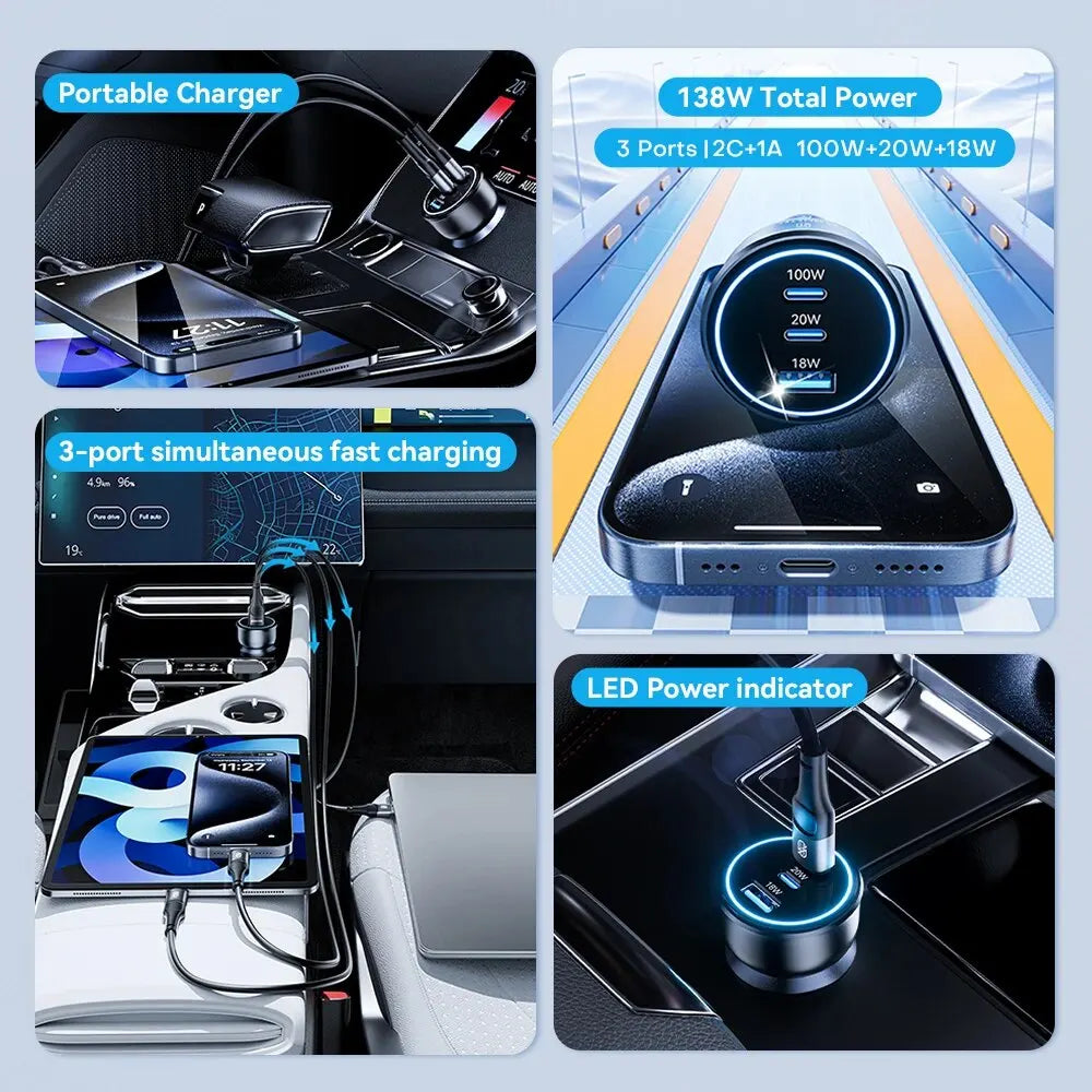 ASOMETECH 138W Car Charger USB Type C GaN Charger 100W 65W 4