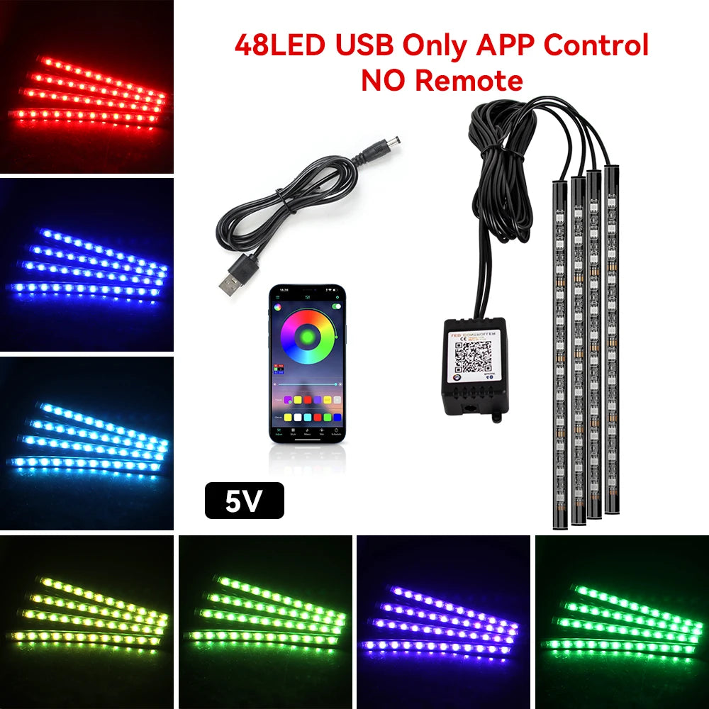 72/48/36 LED RGB Car Foot Ambient Light with USB Cigarette Automotive Interior Lights Strip Decoration Bar Remote/Voice Control