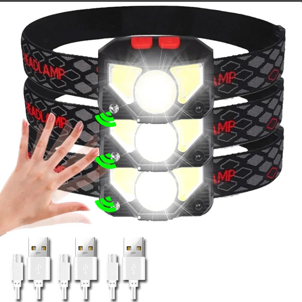 USB Rechargeable XPE+COB LED Headlamp with 6 Modes Motion Sensor Waterproof for Camping Running Fishing Headlight