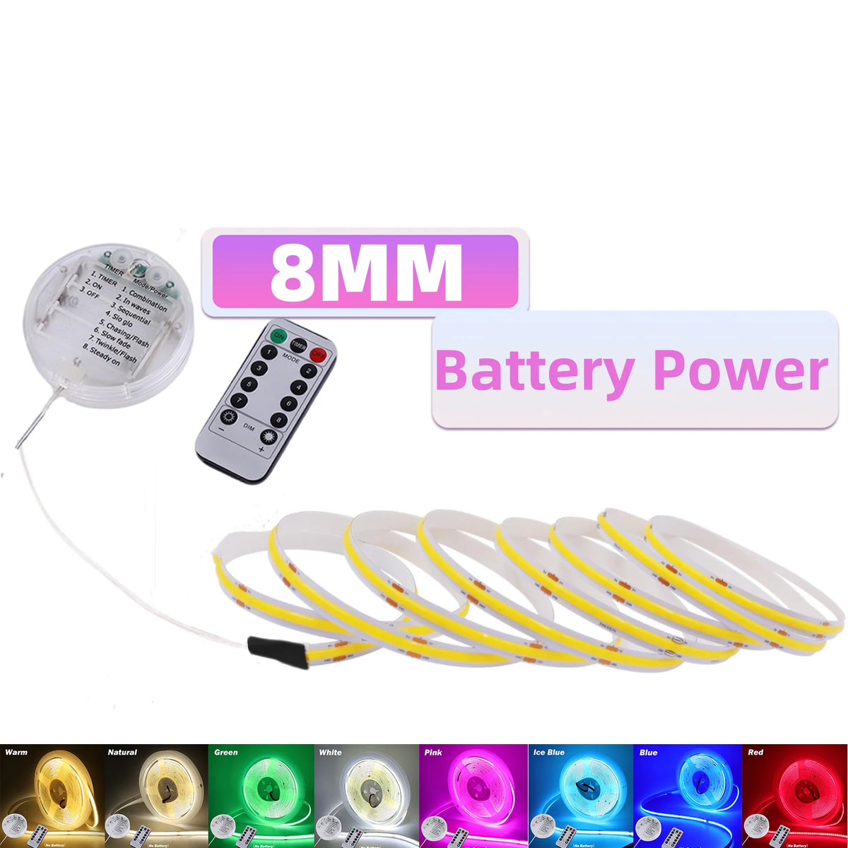 Dimmable 5V COB LED Strip Light 8 Modes 3AA Battery Box With Remote 3/5/8MM 320LEDs/M Flexible Ribbon Tape Room TV DIY Backlight