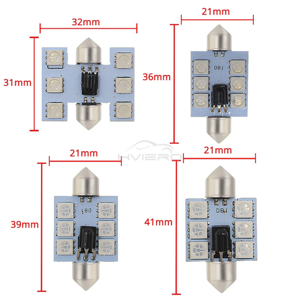 2Pcs RGB 6SMD Roof Dome Interior Reading Lamp C5w Car Remote