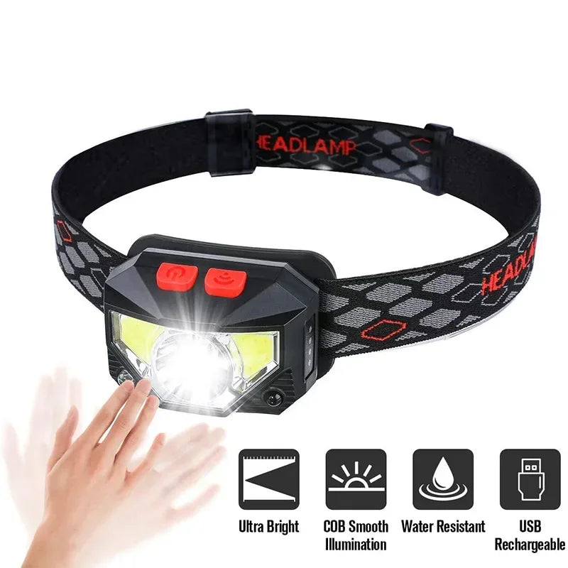 USB Rechargeable XPE+COB LED Headlamp with 6 Modes Motion Sensor Waterproof for Camping Running Fishing Headlight