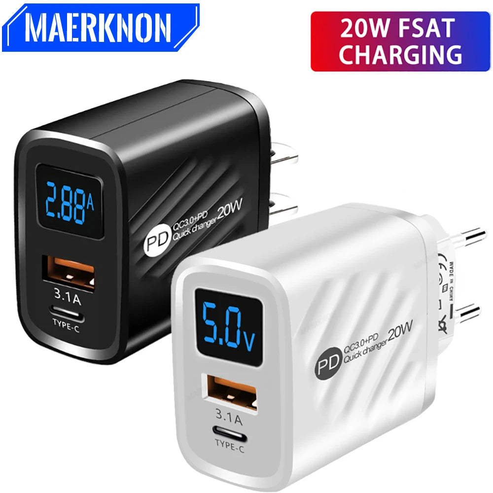 PD 20W USB Type C Charger Fast Charging Digital Display Phon