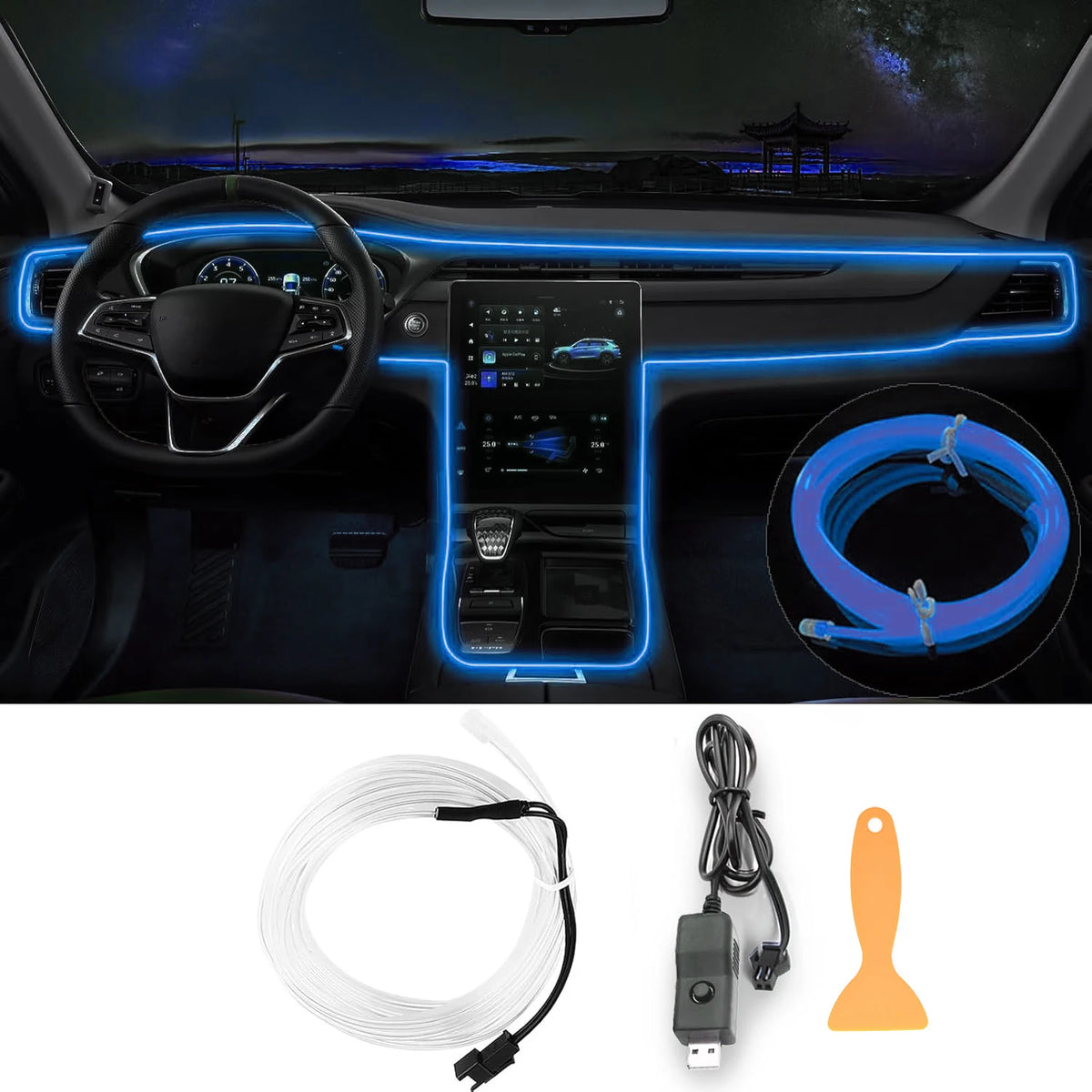 Car LED Strip Lights 196.85inch USB Neon Ambient Lighting Kit With Switch Noiseless For Interior Car Decorations