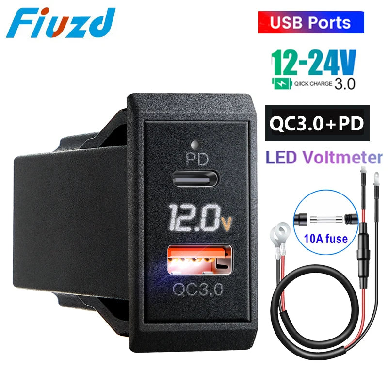 Car Charger Socket PD3.0 & QC3.0 Double USB C Ports Waterproof with LED 54W Fast Charging 12V/24V For Moto Adapter