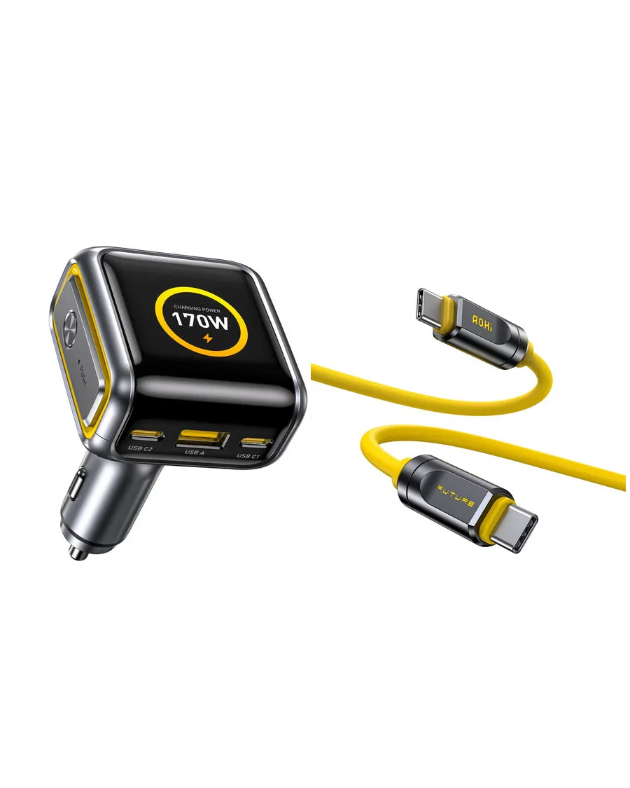 AOHI THE FUTURE Car Charger AI PD GAN+ 170W 3-Port LED Display Fast Car Charger