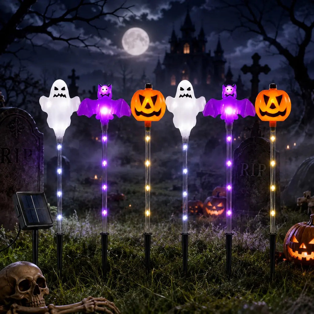 1 Set 6pcs Halloween Solar Pumpkin Ghost Bat Stake Lights Outdoor Pathway Garden Lights For Yard Lawn Patio Front Party Decor