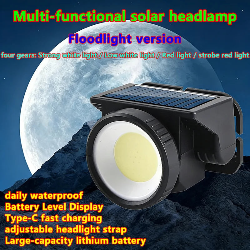 Solar + USB Rechargeable LED high brightness Headlamp Long-Range Head Flashlight Outdoor Waterproof Camping Fishing Headlight