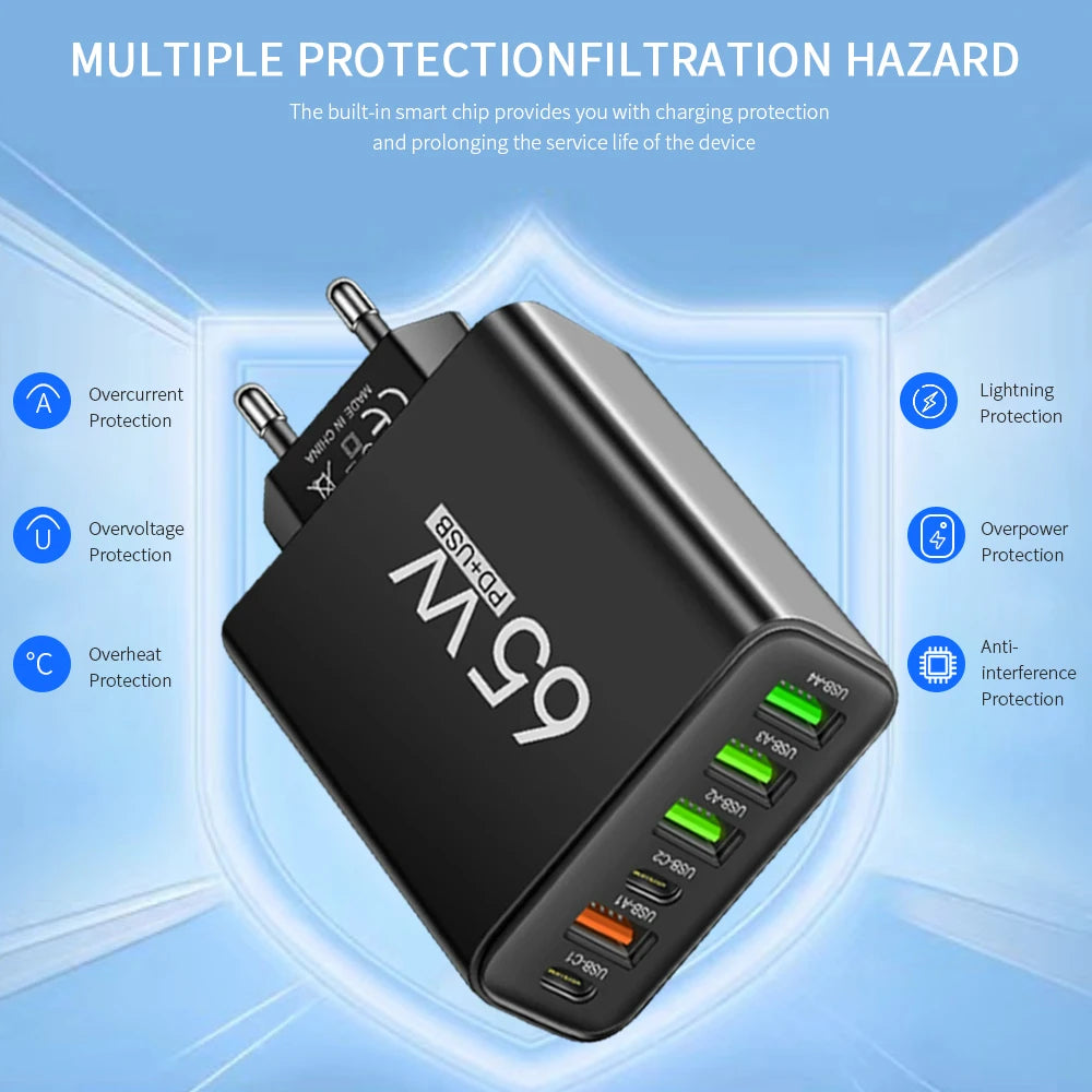 Multi Ports 65W USB Charger Fast Charging Type C Phone Charg