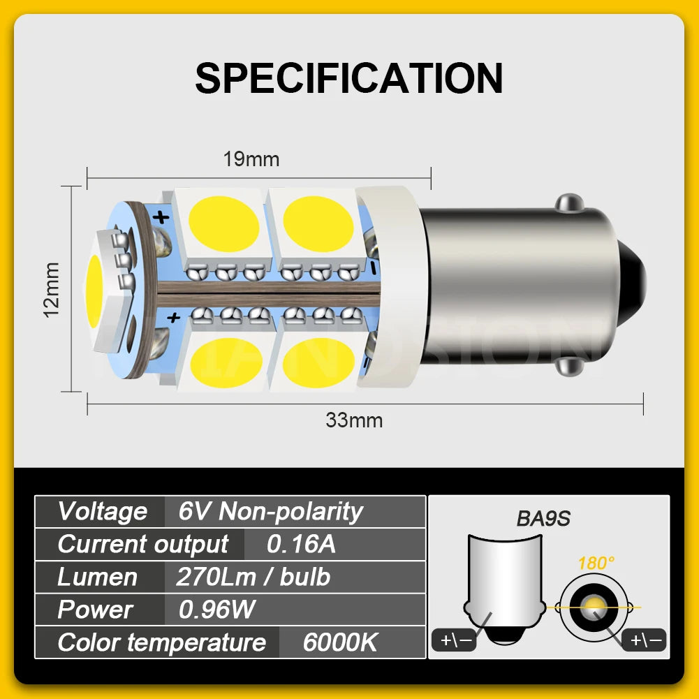 2pcs BA9S T4W LED 9SMD 5050 For 6V 12V 24V Car Moto Rear Int