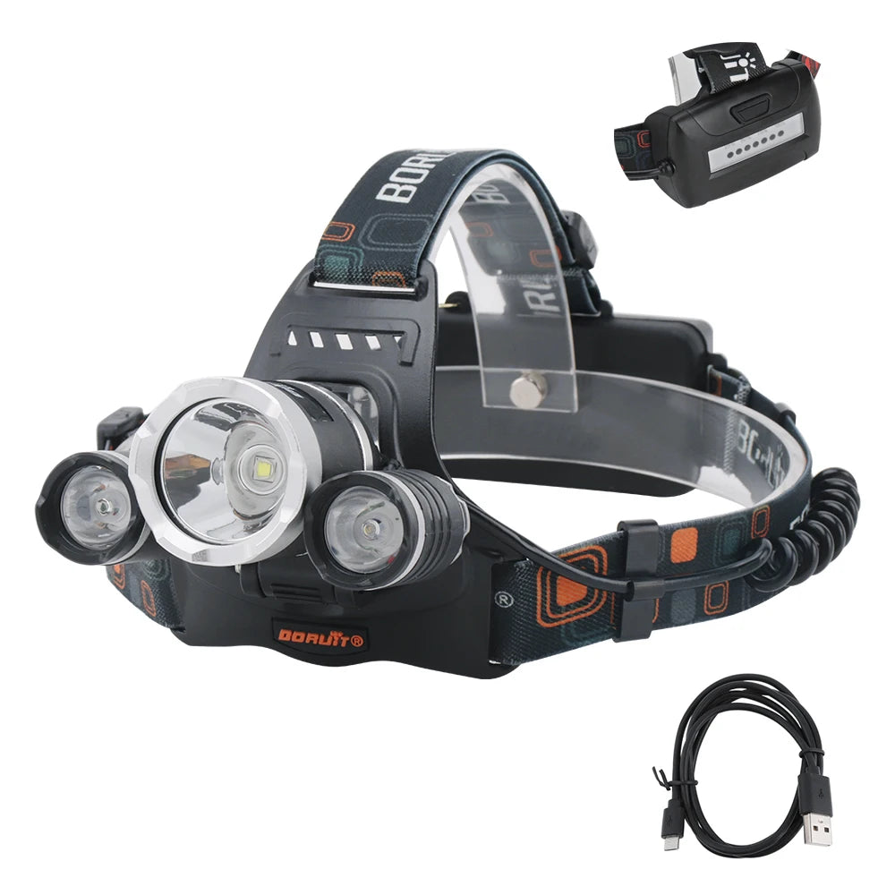 BORUiT 3000LM RJ-3000 LED Headlamp Type-C Rechargeable Headlight Waterproof Fishing Camping Head Torch Lantern