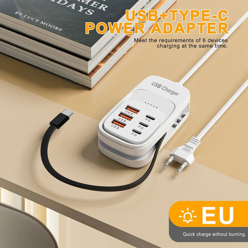 6 in 1 Multi Port USB Charging Station 3PD 3USB Desktop Power Strip Fast Charging Adapter EU UK US Plug Travel Charging Socket