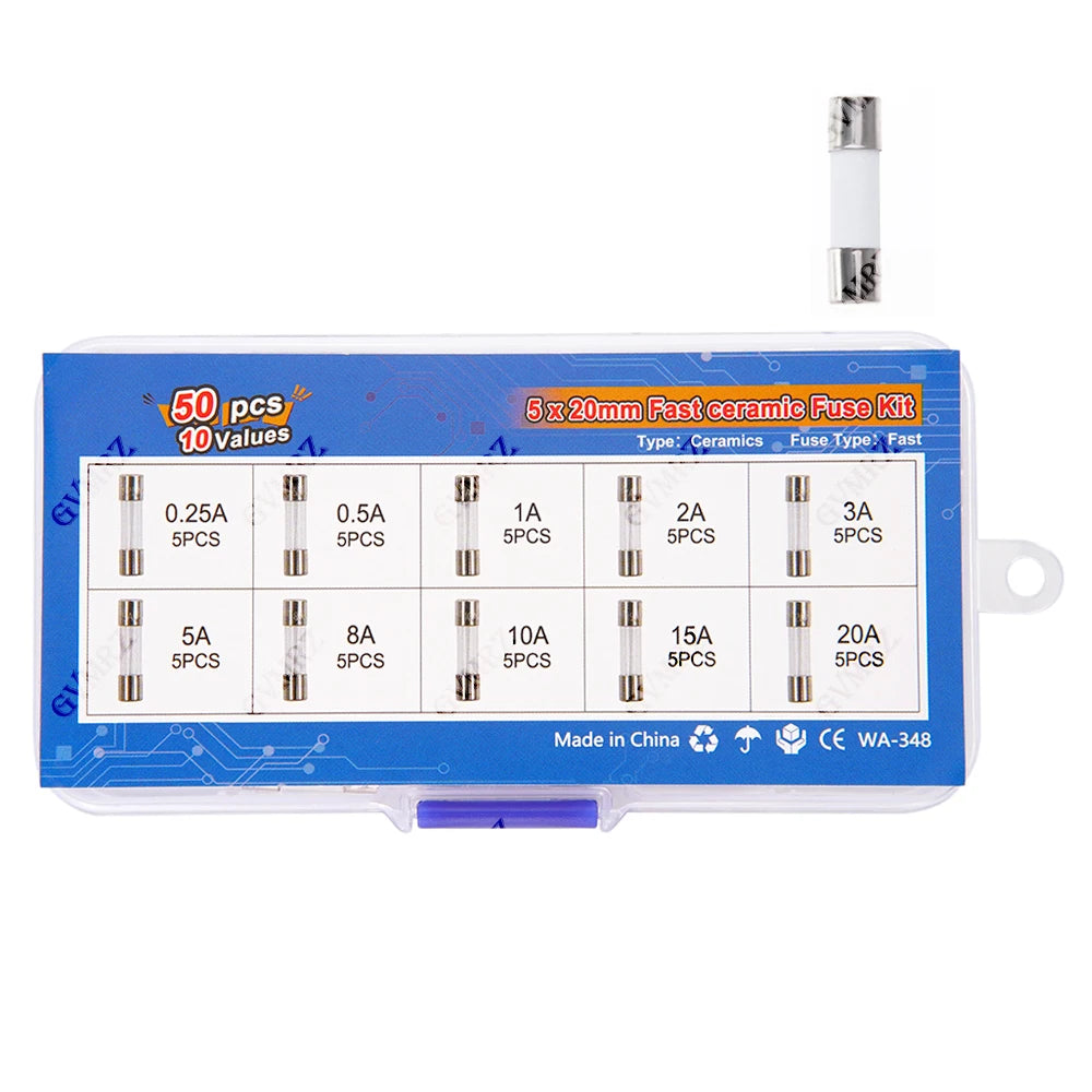 50pcs 5x20mm 0.25A-20A Ceramic Tube Fuse Assorted Kit Amp 0.