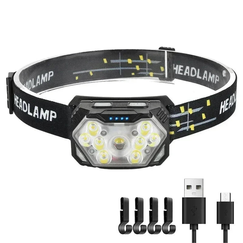New Super Bright 9 LED Headlamp USB C Rechargeable Headlight 10 Modes Waterproof Motion Sensor Head Lamp Working Flashlight