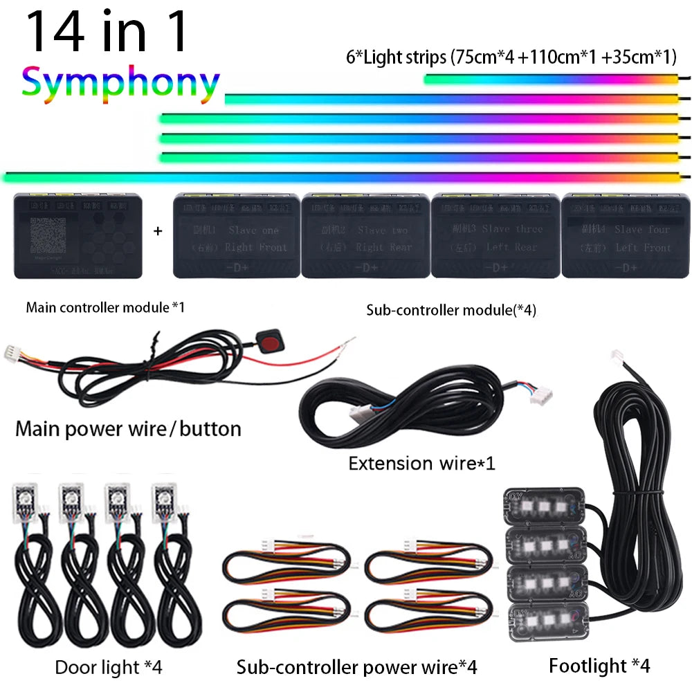 18/22 In 1 Dual Zone Symphony LED Car Ambient Light Rainbow Neon RGB Acrylic Strip Interior Decorations Streamer Atmosphere Lamp
