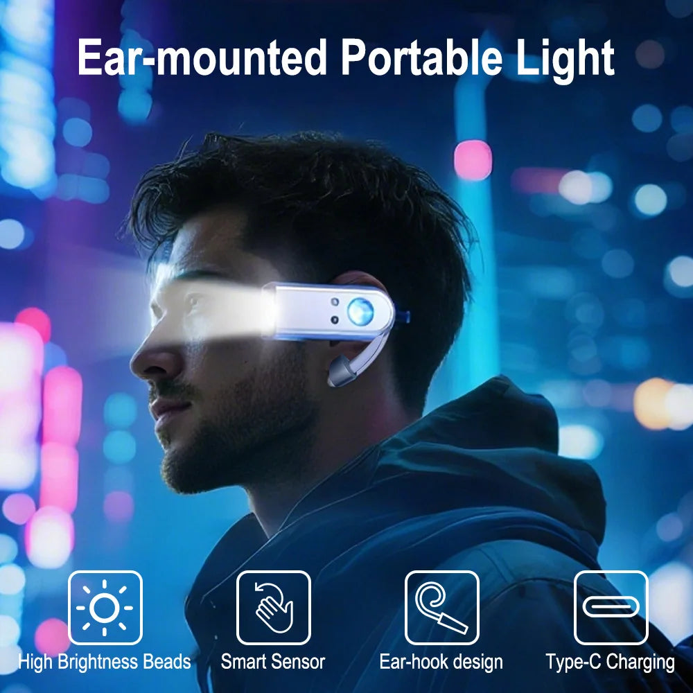 BORUiT Ear Clip Headlamp USB Rechargeable LED Headlight Buil