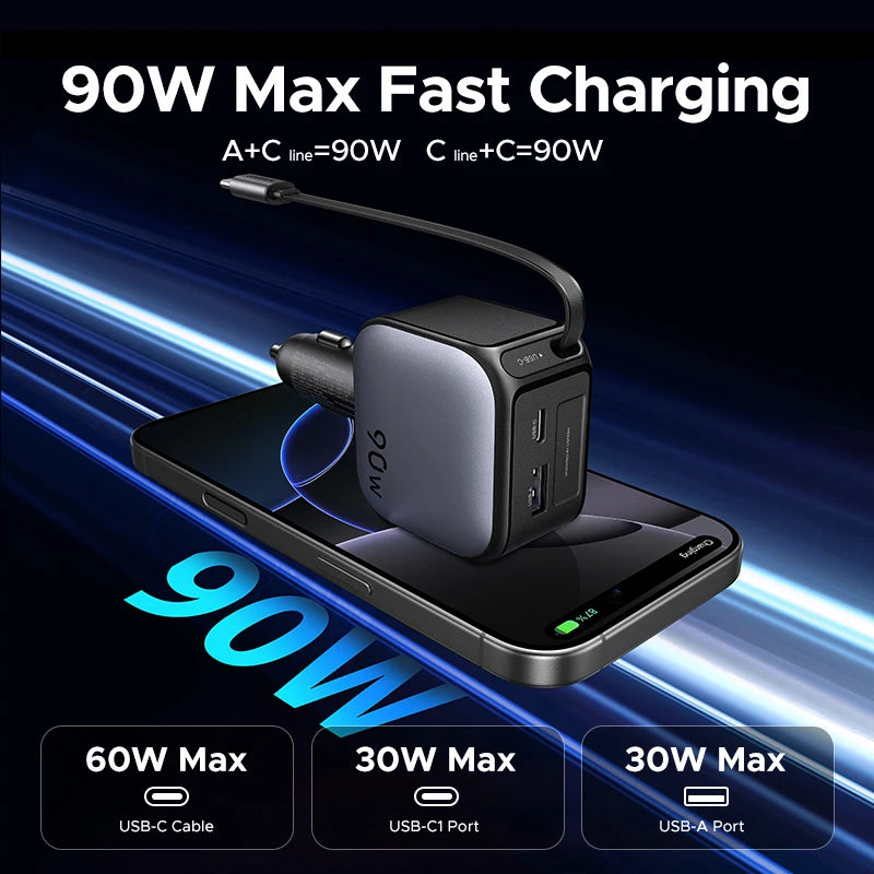 UGREEN 145W 90W 60W Car Charger 3 USB-C & 1 USB-A Ports PD Q