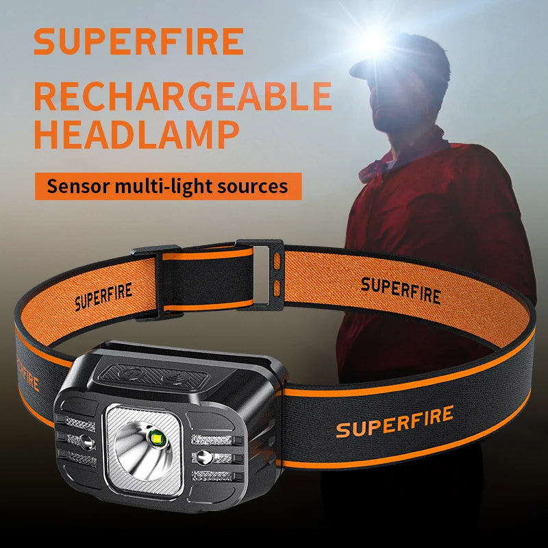 New SUPERFIRE Mini LED Headlamp USB-C Rechargeable Sensor He