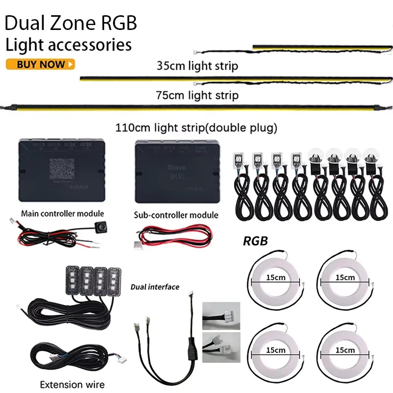 Dual Zone 18 in 1 RGB 64 Colors Acrylic Strip Car LED Ambien